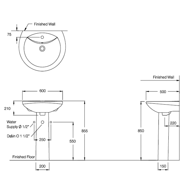 THông số Chậu rửa treo tường chân ngắn Cotto C0107-C4201