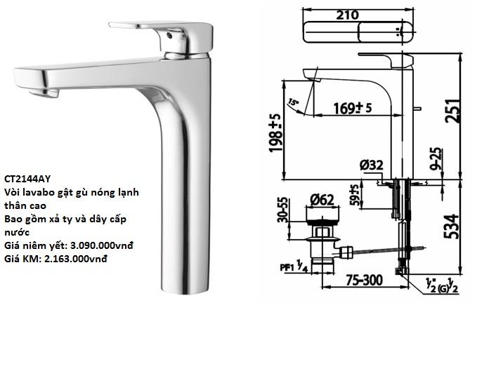 8. Vòi lavabo Ct2144AY thân cao, giá 3.090.000đ còn 2.163.000đ