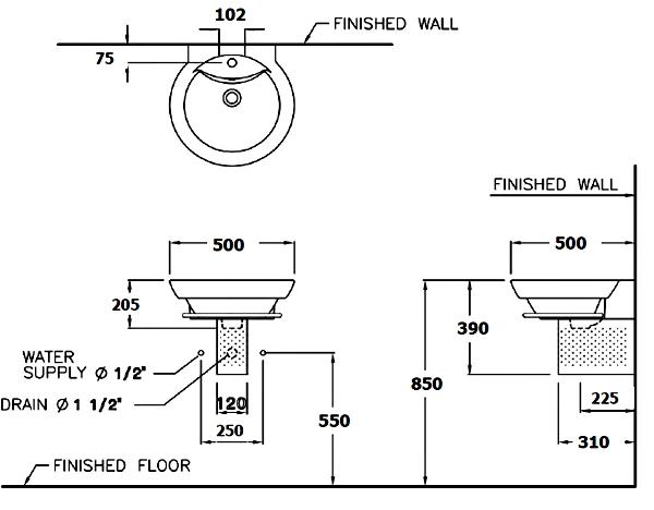Bản vẽ kỹ thuật chậu treo SC0285